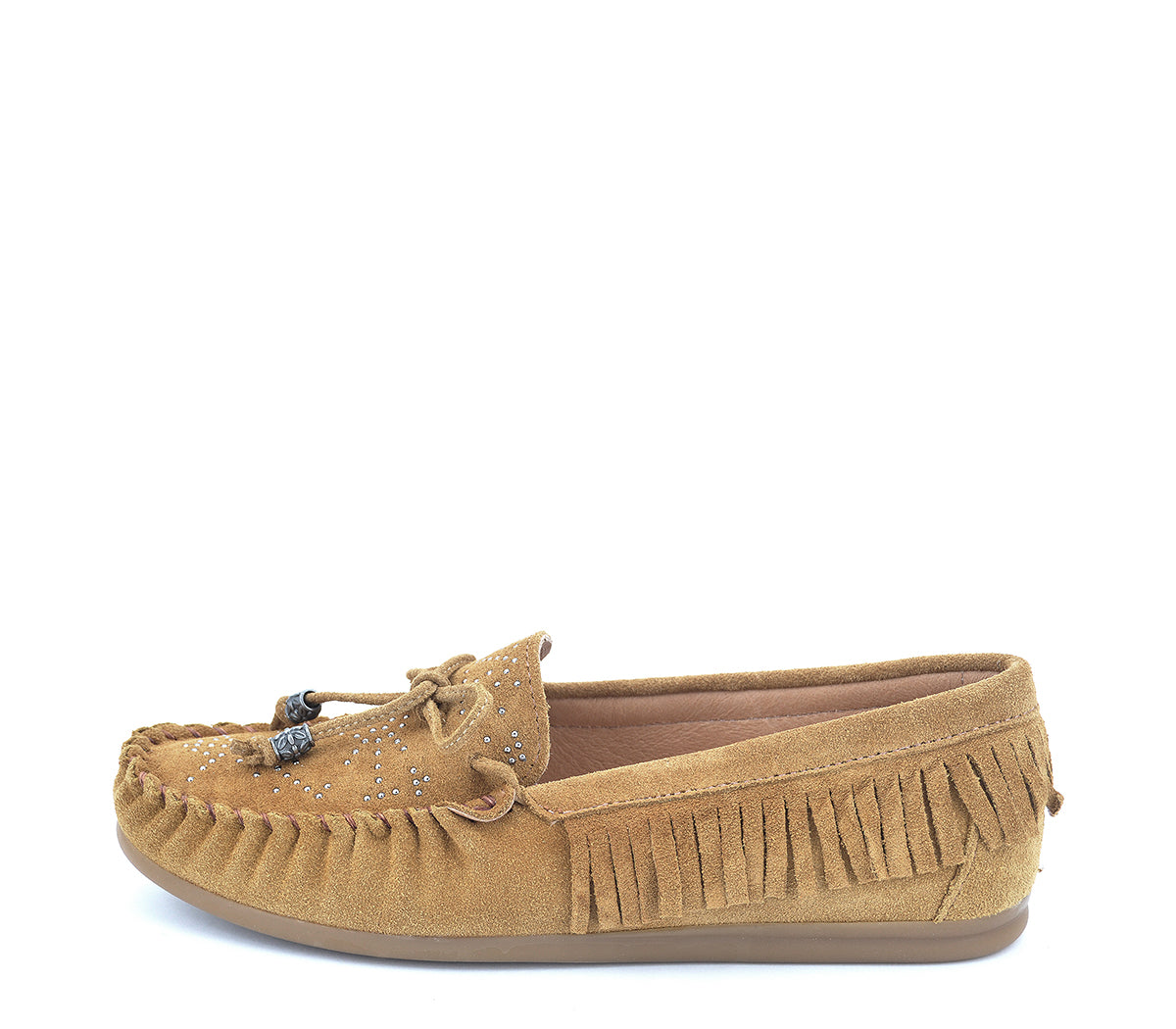 A7767 MOCASÍN SERRAJE FLECOS Y TACHAS CAMEL