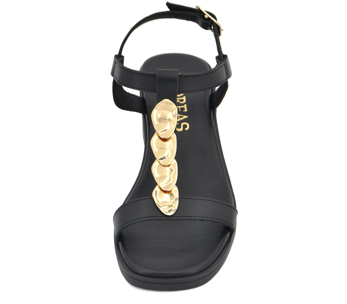 S-11 SANDALIA PIEL NEGRA TACÓN PIEZAS DORADAS