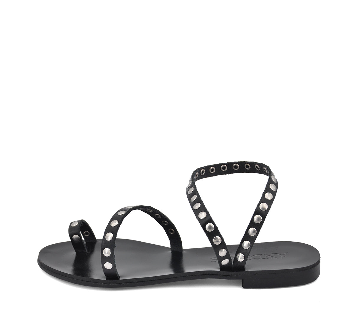 S-7 SANDALIA GRIEGA PIEL NEGRA TACHAS PLATA